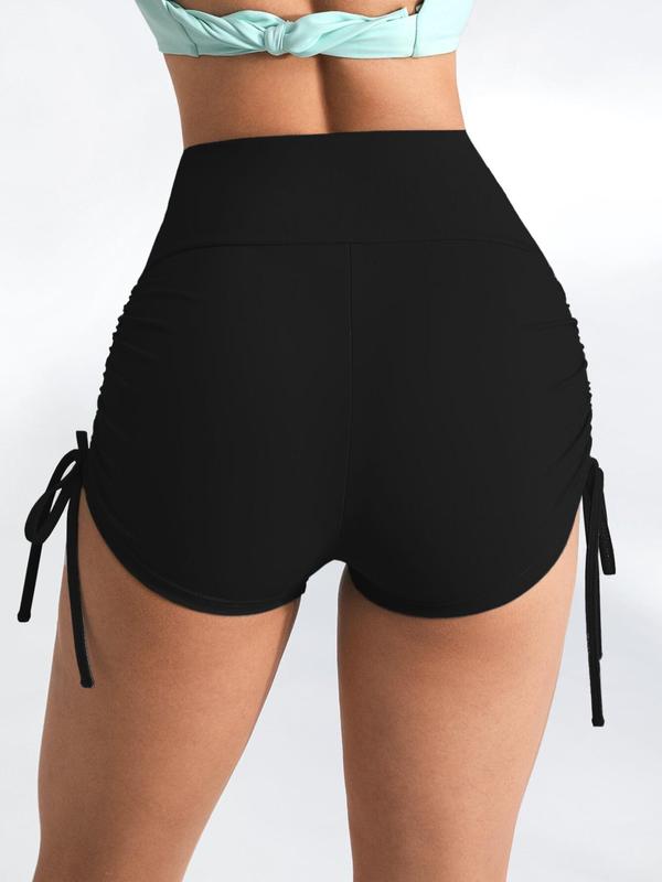 Women's Solid Ruched Drawstring Sports Shorts, Gym Shorts, Sporty Comfy Breathable High Waist Skinny Shorts, Ladies Summer Sportswear for Yoga Gym Workout Running