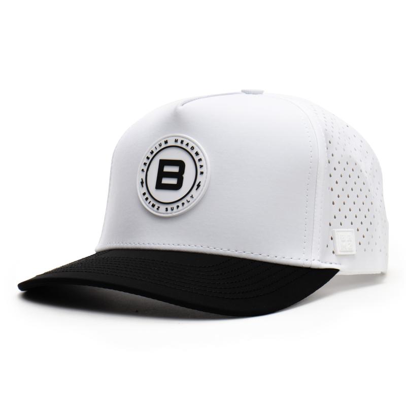 BRIMZ Outdoor Performance Hat - Breathable Sweat Resistant Fitness Hats - Best for Golf, Running, Workouts, Fishing, Exercise - Moisture-Wicking 5-Panel Baseball Cap Snapback (White Black Brim)