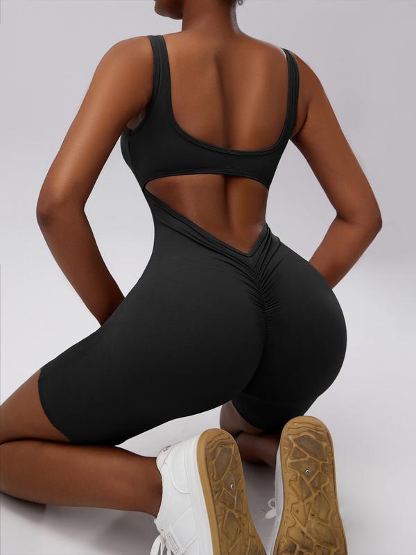 TIMEOFF Women's Ruched Cut Out Backless SportsRomper Sporty Clothes Women Solid SleevelessScoop Neck Bodycon Romper High StretchSeamless Yoga JumpsuitSummer RompersLadies Sportswear for Indoor Outdoor Wear