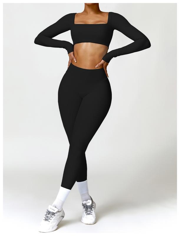 Women's 2 Piece Workout Set - Long Sleeve Square Neck Crop Top and High Waist Leggings for Yoga and Gym