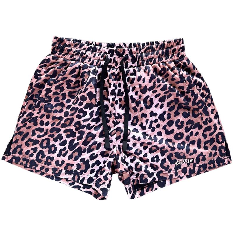 [Kill Crew] Muay Thai Shorts Logo - Leopard, Unisex, Mid Thigh Cut, Pockets, Gym Shorts, Elastic Waistband, Long drawcord with wax tips