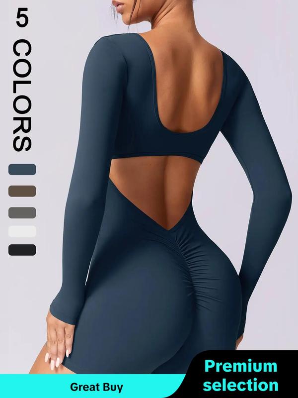 Women's Fall Solid Cut Out Ruched Sports Romper, Tummy Control Jumpsuit for Women, Long Sleeve Square Neck Bodycon Romper for Yoga Gym Workout, Ladies Sportswear for Fall