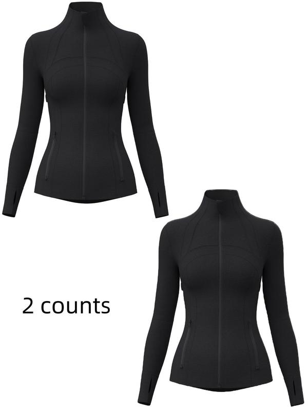 Women's Solid Zip Up Thumb Hole Sports Jacket, Breathable Long Sleeve Stand Collar Outerwear for Gym Workout Running, Ladies Sportswear for Fall & Winter