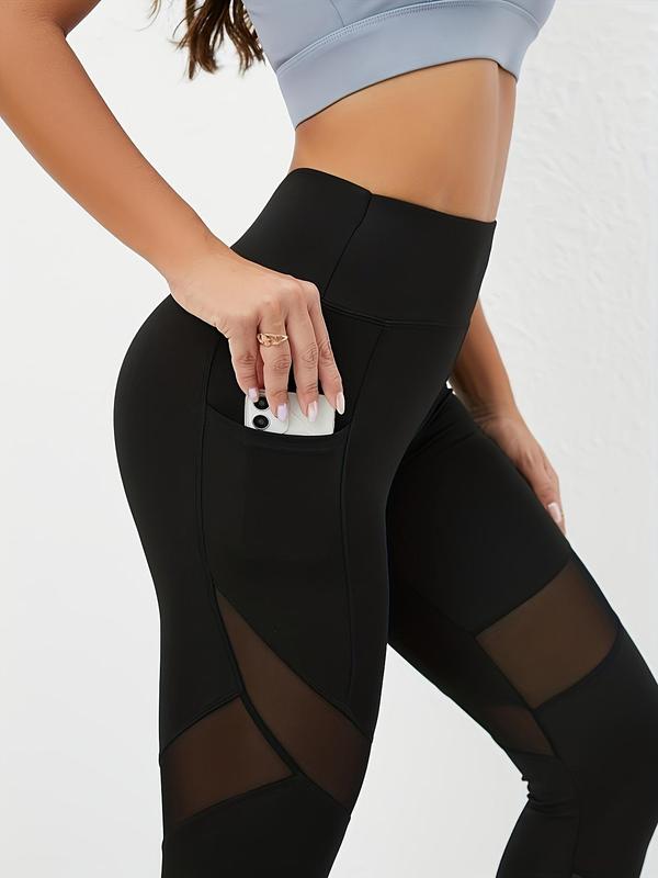 Women's High Waist Pocket Contrast Mesh Sports Leggings, Tight-fitting Elastic Seamless Comfortable Breathable Yoga Leggings, Ladies Sportswear Clothing For Gym Workout Running, Tummy Control