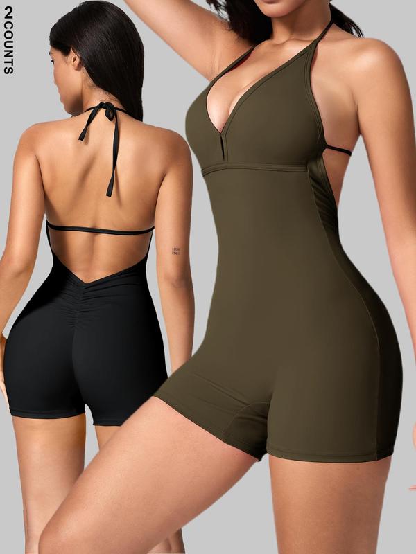 Women's Solid Cut Out Ruched Halter Sports Romper, Sporty Tie Back Sleeveless Romper for Yoga Gym Workout, Ladies Sportswear for All Seasons