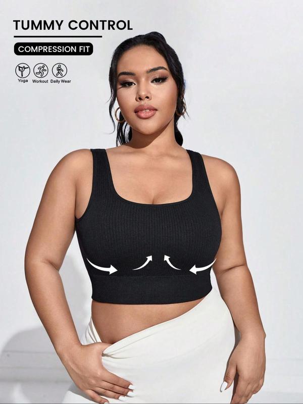 Plus Size Cut Out Square Neck Sports Bra, Breathable Comfy Solid Yoga Bras, Women's Plus Workout Crop Tank Top for Summer, Fall Clothes