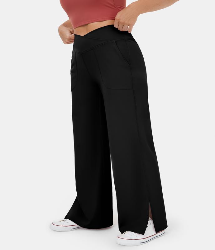 Halara Crossover Pocket Split Hem Plus Size Wide Leg Yoga Pants-Smile