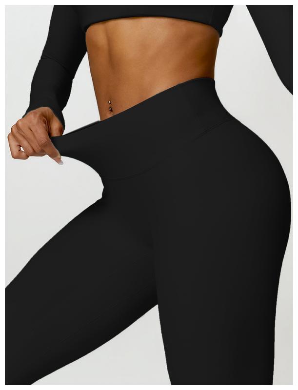 Women's 2 Piece Workout Set - Long Sleeve Square Neck Crop Top and High Waist Leggings for Yoga and Gym