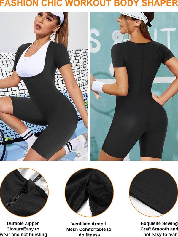 Women's Plain Zip Front Open Bust Back To School Sports Tummy Control Romper, Workout Gym Yoga Exercise Short Sleeve Zip Up Sports Romper, Ladies Sportswear Clothing for Indoor Outdoor Wear, Minimalistic Outfit