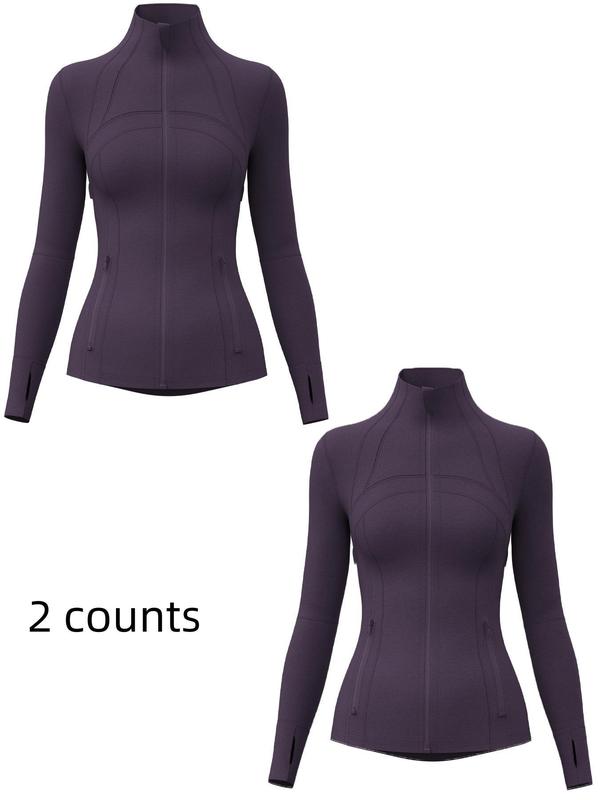 Women's Solid Zip Up Thumb Hole Sports Jacket, Breathable Long Sleeve Stand Collar Outerwear for Gym Workout Running, Ladies Sportswear for Fall & Winter