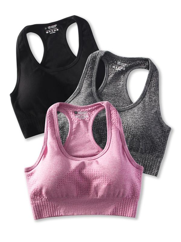 Women's 3pcs Solid Seamless Push Up Sports Bra, Quick Drying Breathable Comfy Crop Tank Top for Yoga Gym Running Workout, Ladies Sportswear & Underwear