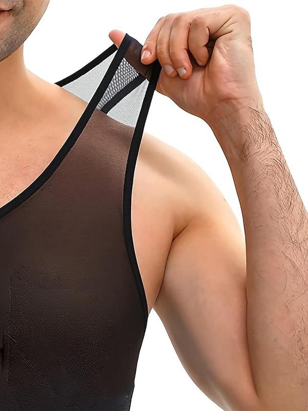 Men's Contrast Mesh Adjustable Hook & Eye Sports Vest, Breathable Tummy Control Tank Top, Men's Sportswear Clothing