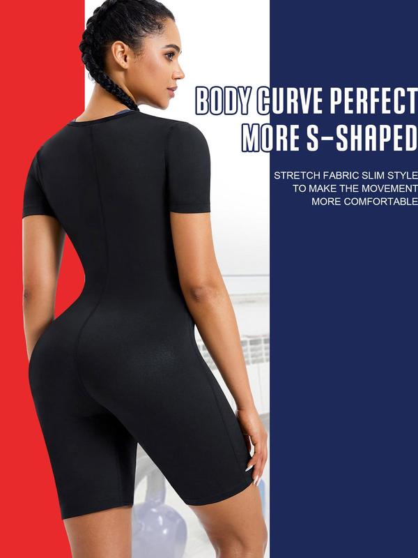 Women's Plain Zip Front Open Bust Back To School Sports Tummy Control Romper, Workout Gym Yoga Exercise Short Sleeve Zip Up Sports Romper, Ladies Sportswear Clothing for Indoor Outdoor Wear, Minimalistic Outfit