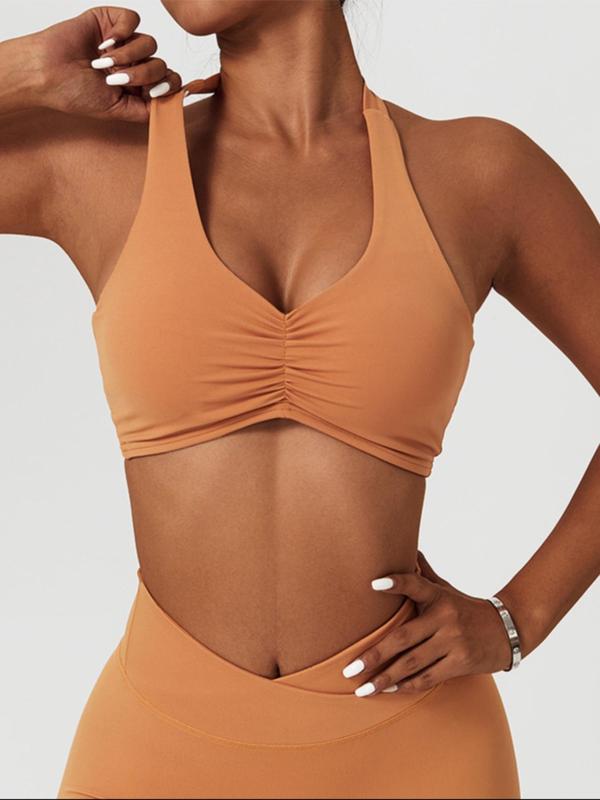 Women's Solid Ruched Halter Neck Sports Bra, Fall Outfits, Fallfreshness Sporty Breathable Wireless Sports Bra for Yoga Gym Workout, Ladies Sportswear Clothing for All Seasons, Fall Clothes