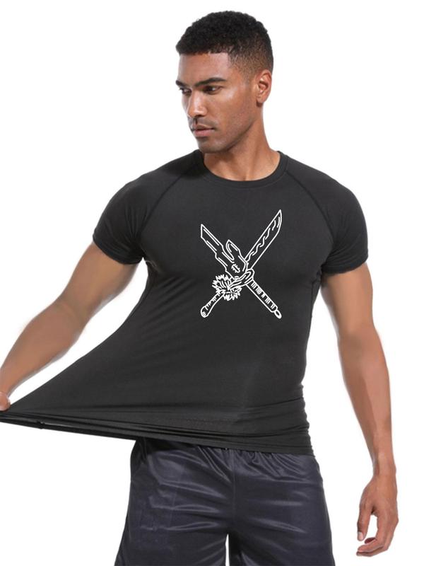 Men's Sword Graphic Print Round Neck Top Stitching High Elasticity Sports Tee, Quick Drying Breathable Crew Neck T-shirt for Gym Workout Running, Casual Sporty Top for Spring & Fall