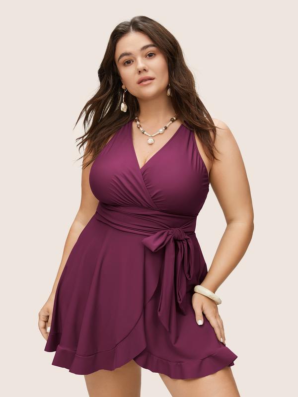 BloomChic Plain Ties Wrap Flutters Swim Dress