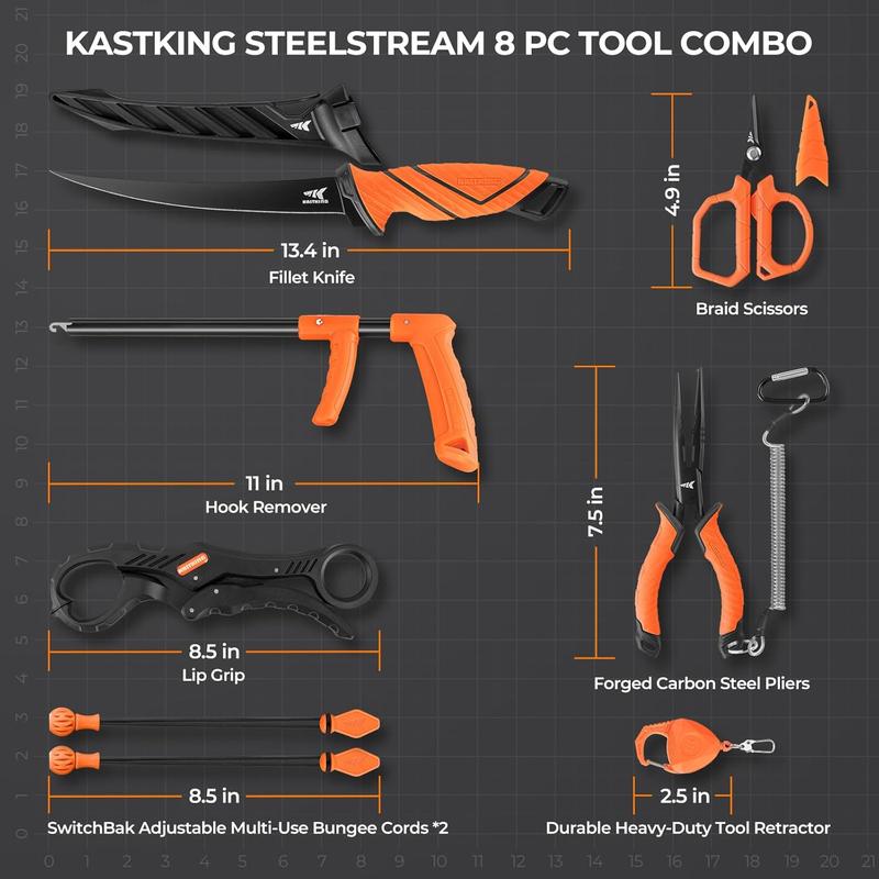 SteelStream 8pc Fishing Tool Kit - Fishing Pliers with Lanyard, Fillet Knife, Floating Fish Lip Gripper, Fishing Braid Scissors, Tool Retractor, Fishing Hook Remover, Bungee Cords