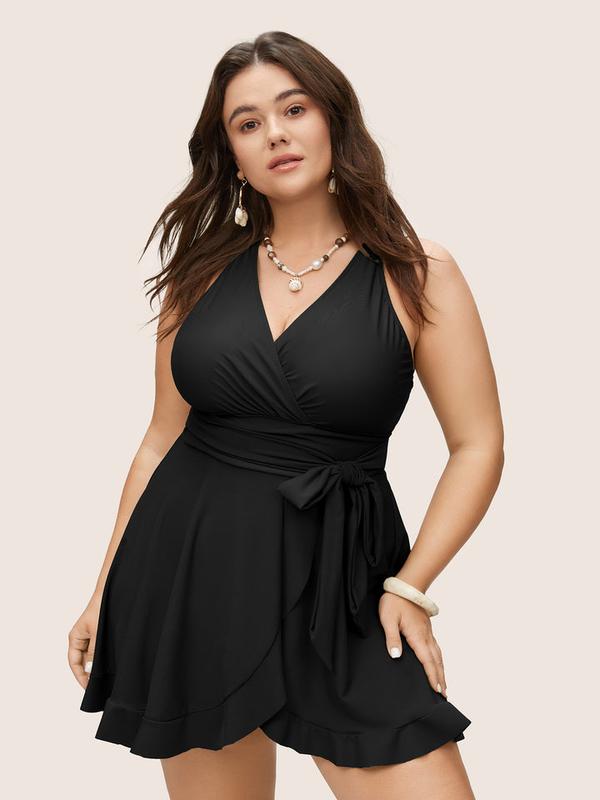 BloomChic Plain Ties Wrap Flutters Swim Dress