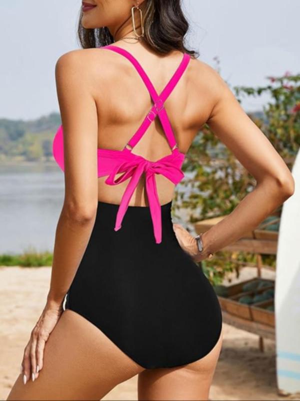 Women's Colorblock Print Criss Cross Cut Out Ruched One-Piece Cami Swimsuit, Casual Chic Sweetheart Neck Tie Back Sleeveless Swimwear, Ladies Summer Swimsuit for Beach Holiday Vacation