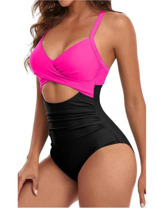 Women's Colorblock Print Criss Cross Cut Out Ruched One-Piece Cami Swimsuit, Casual Chic Sweetheart Neck Tie Back Sleeveless Swimwear, Ladies Summer Swimsuit for Beach Holiday Vacation