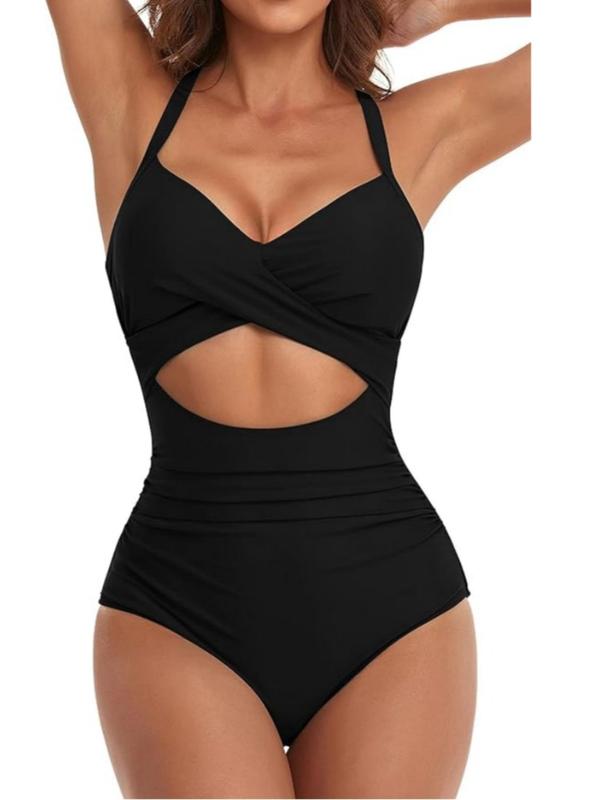 Women's Colorblock Print Criss Cross Cut Out Ruched One-Piece Cami Swimsuit, Casual Chic Sweetheart Neck Tie Back Sleeveless Swimwear, Ladies Summer Swimsuit for Beach Holiday Vacation