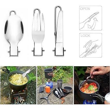 Odoland Camping Cookware Stove Carabiner Canister Stand Tripod and Stainless Steel Cup, Tank Bracket, Fork Spoon Kit for Backpacking, Outdoor Camping Hiking and Picnic