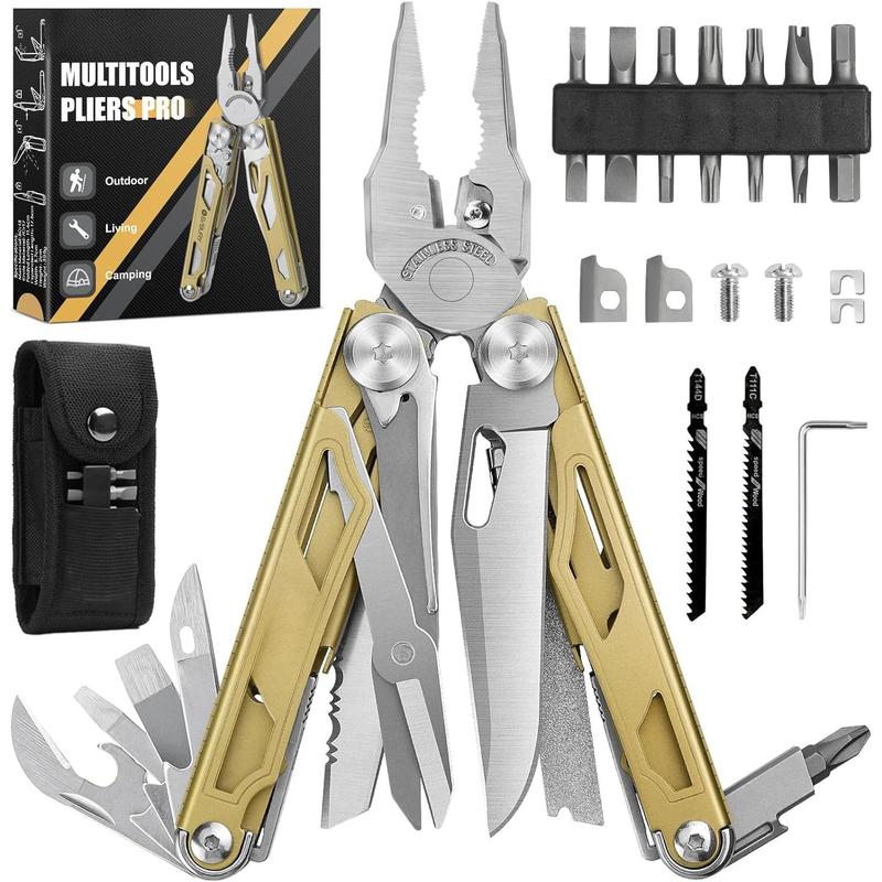 Multitool Pliers, 31-in-1 Stainless Steel Multi Tool with Replaceable Wire Cutters and Saw, Foldable Heavy-duty Multitool Set with Scissors and Screwdriver for Hiking Camping Survival Repair