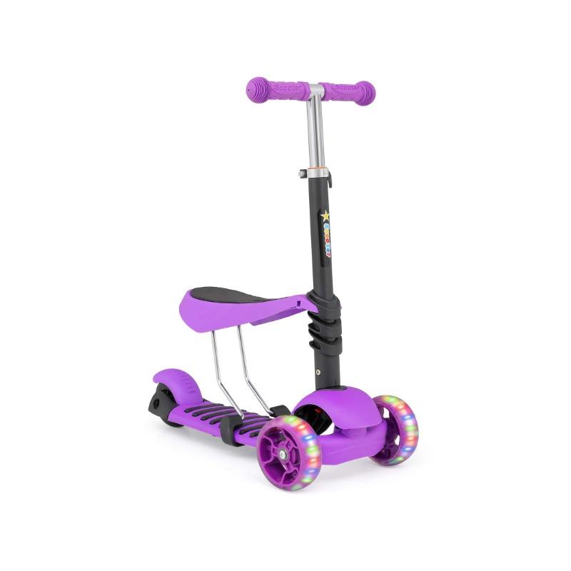 Scooter  Kick Scooter With Removable Seat, Adjustable Height, LED Flashing Wheels Scooter With Ladybug Basket For Old Boys Girls, Purple