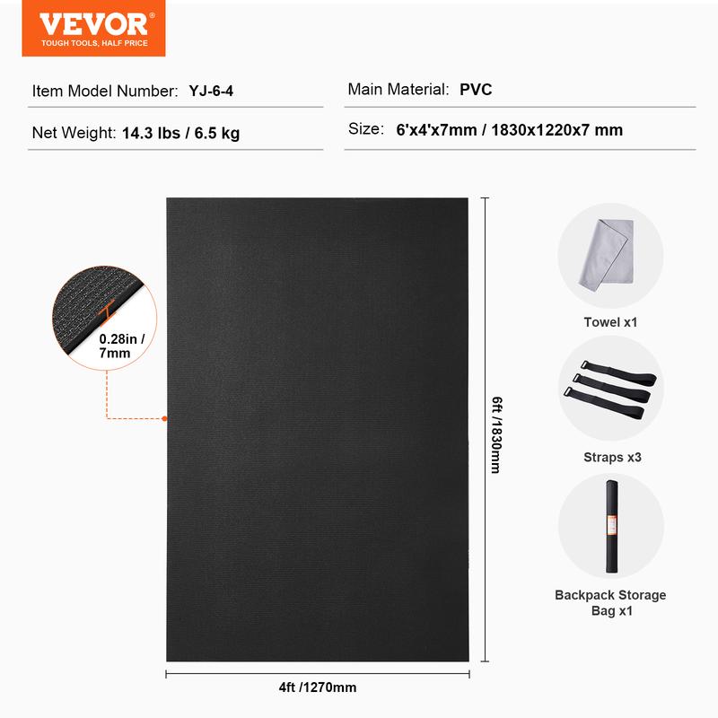 VEVOR Exercise Mat, Non Slip High Density Premium Yoga Mat, Exercise Yoga Mat for Men & Women, Fitness & Exercise Mat with Bag & Carry Strap, for All Types of Home Yoga, Pilate & Floor Workout (6x4ft)