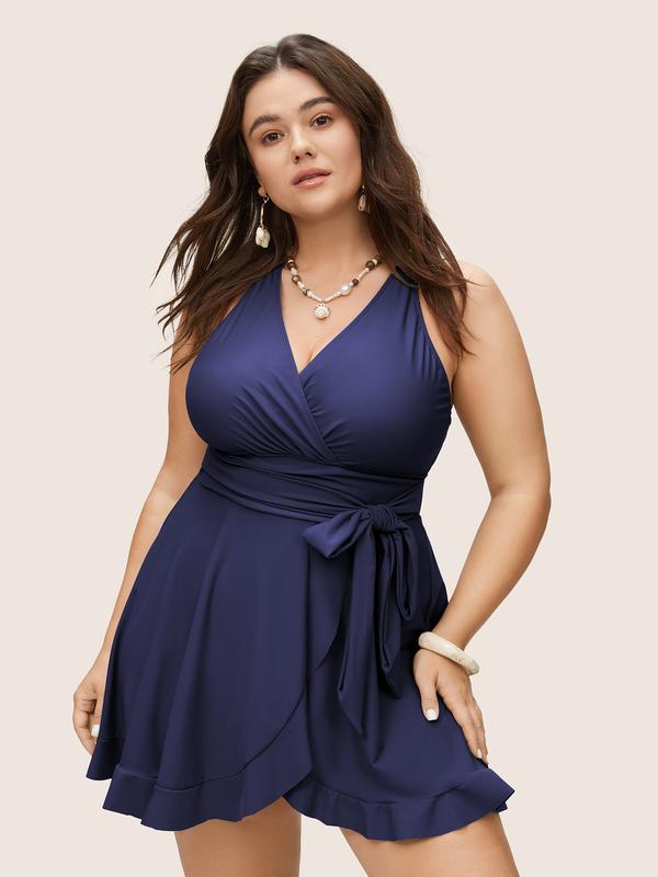 BloomChic Plain Ties Wrap Flutters Swim Dress