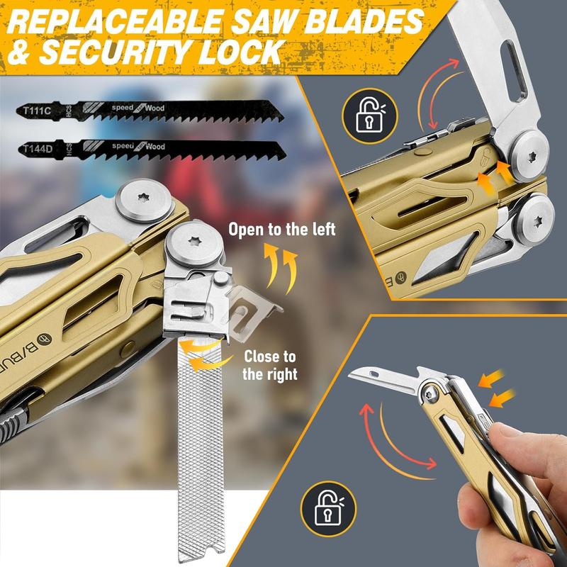 Multitool Pliers, 31-in-1 Stainless Steel Multi Tool with Replaceable Wire Cutters and Saw, Foldable Heavy-duty Multitool Set with Scissors and Screwdriver for Hiking Camping Survival Repair