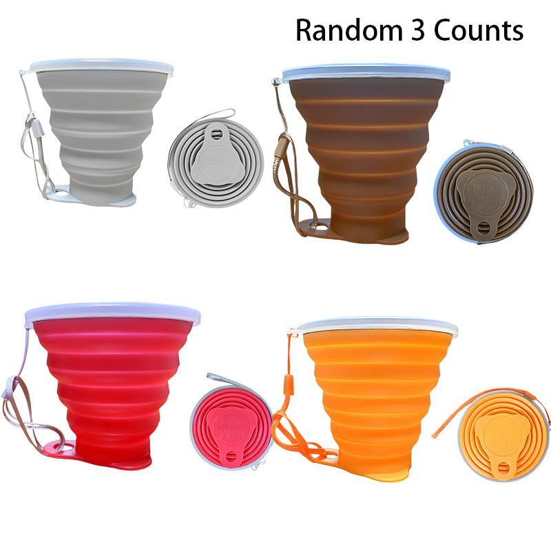 Random Color Silicone Foldable Water Cup, 3 Counts set Silicone Foldable Water Cup with Lid, Camping Water Cup, Outdoor Camping Water Cup