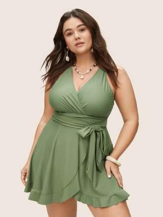 BloomChic Plain Ties Wrap Flutters Swim Dress