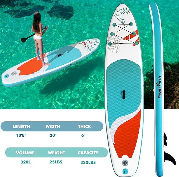 Peakpath Inflatable Stand Up Paddle Board (6’’ Thick) with Premium SUP Accessories&Bag,Bottom Fin for Paddling,Surf Control,Non-Slip Deck,Leash|surfboard, friends, camping, surfing, outdoors, wilderness, still water, lake, beach,