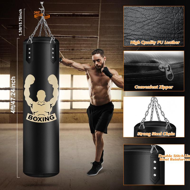 Hanging Punching Bag for Adults, 4FT PU Heavy Bag Boxing Training Equipment with 12OZ Gloves, Reflex Ball, Wristband, Kicking Bag Boxing Set for Training Karate Kickboxing Home Gym(Unfilled)