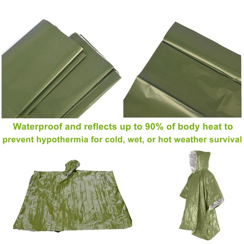 Emergency Survival Rain Poncho, Thermal Survival Space Blanket, Heat Reflective Waterproof Raincoat for Camping Hiking