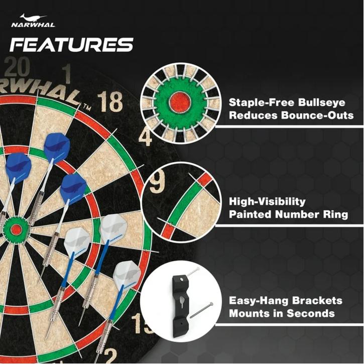 Narwhal Kingston Official Size Bristle Dartboard with 6 Steel Tip Darts