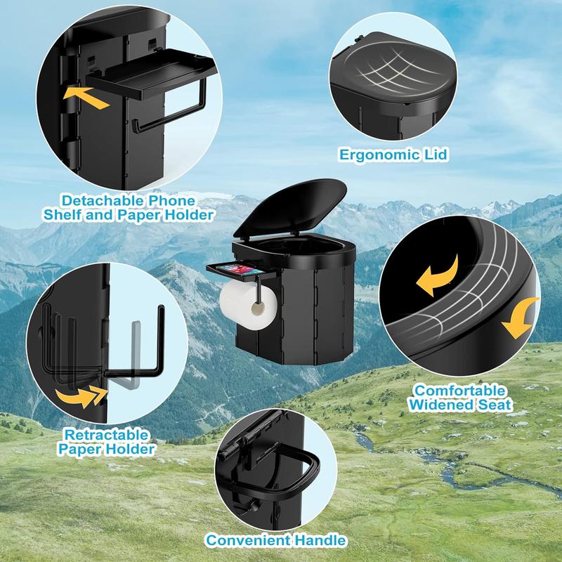 Portable Camping Toilet, Folding Toilet for Adults with Lid and Retractable Toilet Paper Holder,Waterproof Porta Potty with Carry Bag for Camping