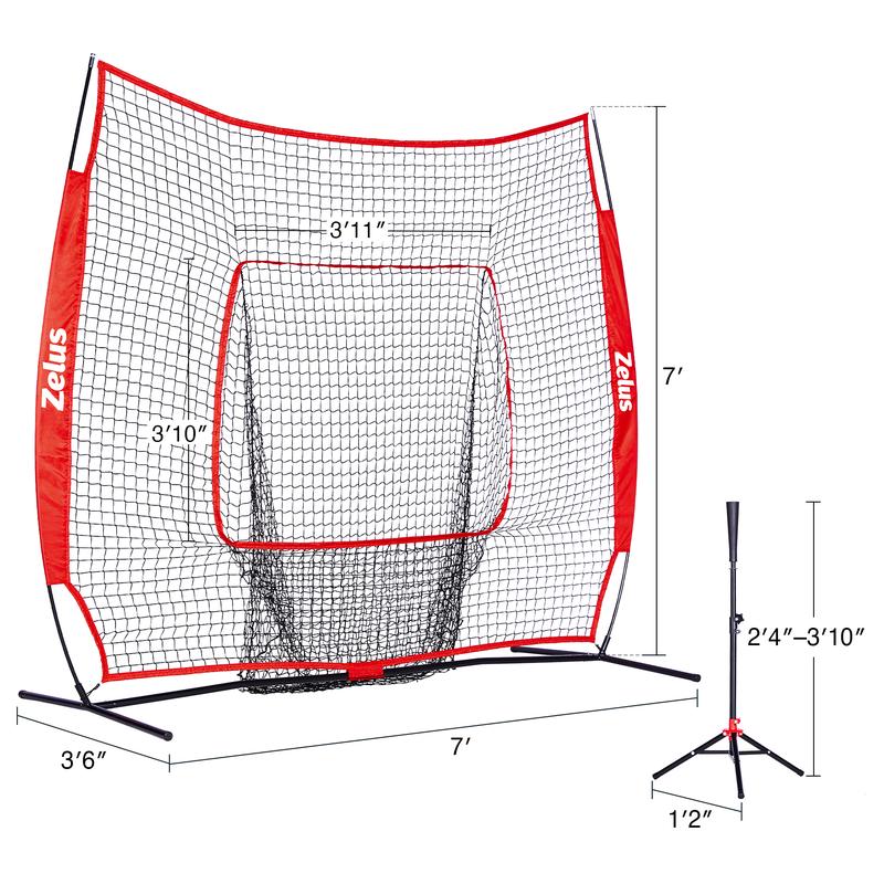 ZELUS 7x7ft Baseball Net | Baseball Softball Practice Net with Tee, Baseballs and Carry Bag for Batting Hitting and Pitching