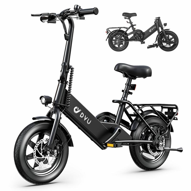 DYU e-Bike 14-inch adult folding, 30+ miles, top speed 25 km h e-bike, 36V7.5Ah high energy battery, front and rear disc brake design LED display portable e-scooter, can carry 2-person e-bike