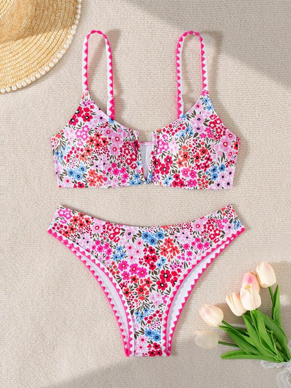 Two-Piece Set Women's Floral Print Contrast Binding Bikini Set, Boho Adjustable Strap V-Cut Swim Top & Swim Bottom, Ladies Summer Swimwear for Beach Holiday Vacation