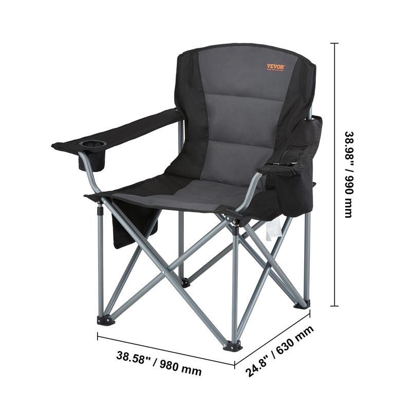 VEVOR Camping Folding Chair for Adults, Portable Heavy Duty Outdoor Quad Lumbar Back Padded Arm Chairs with Side Pockets, Cup Holder and Cooler Bag for Beach, Lawn, Picnic, Fishing, Backpacking, Black