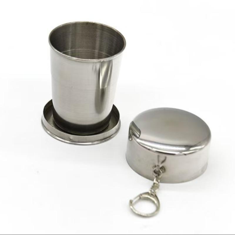 Portable Mini Folding Cup, 1 Count Stainless Steel Cup with Lid & Keychain, Outdoor Camping & Hiking Cup, Camp Kitchen Supplies