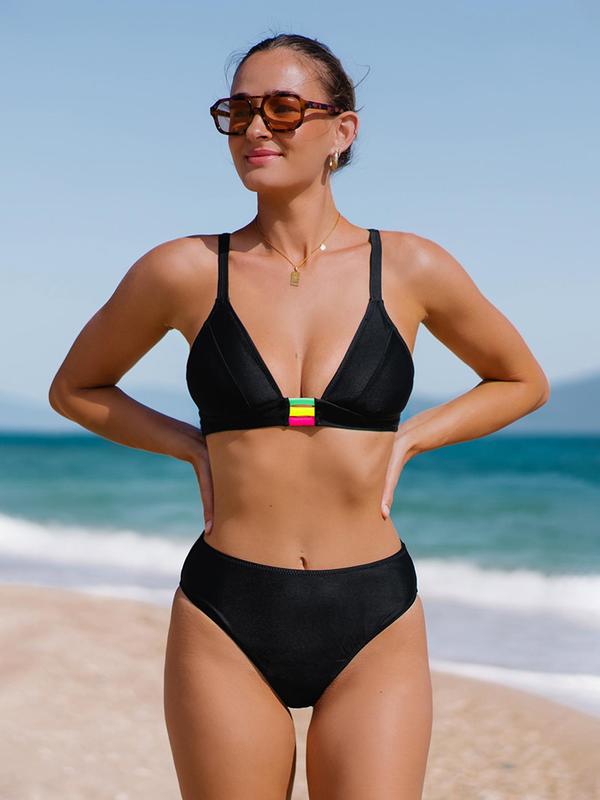 Two-piece Set LGBTQ + Women's Plain Rainbow Straps Bikini Set, Fashion Chic Cut Out Backless Bikini Top & High Waist Bikini Bottom, Bathing Suits Women, Swimsuits 2024 Women, Swimsuit for Women Back To School