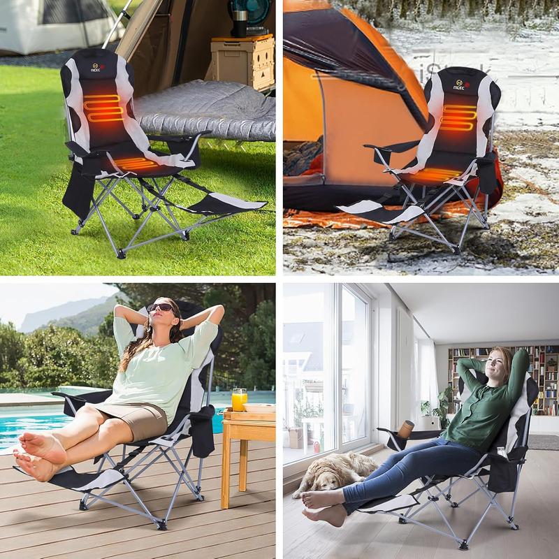 Heated Camping Chair Outdoor Folding Chair, Detachable Foot-Rest, Beach Chair, Carry Bag, Cupholder & Side Pockets, 10000mAh