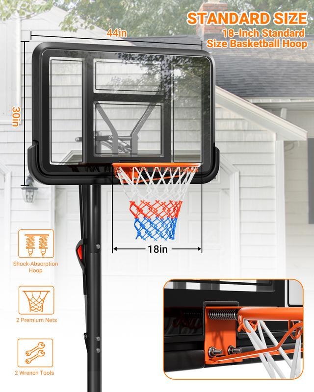 Portable Adjustable Basketball Hoop - 4.9-10ft Height, Durable Base, 44