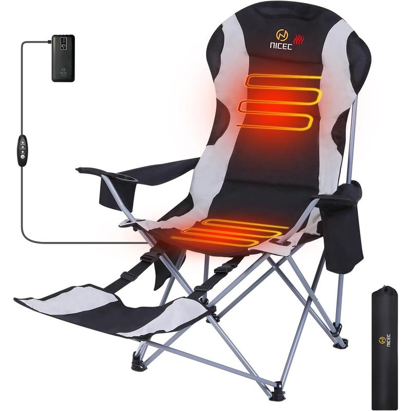 Heated Camping Chair Outdoor Folding Chair, Detachable Foot-Rest, Beach Chair, Carry Bag, Cupholder & Side Pockets, 10000mAh