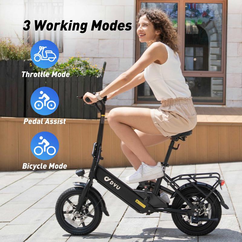 DYU e-Bike 14-inch adult folding, 30+ miles, top speed 25 km h e-bike, 36V7.5Ah high energy battery, front and rear disc brake design LED display portable e-scooter, can carry 2-person e-bike