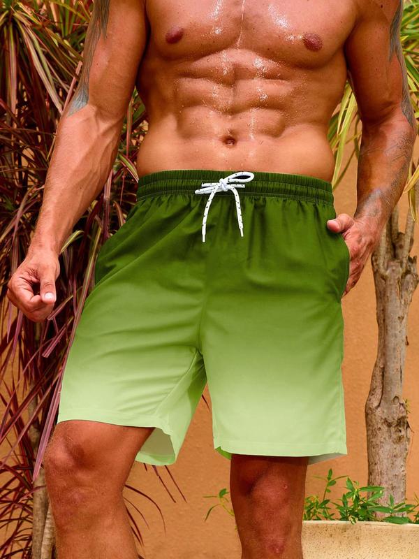 Men Swim Trunks, Men's Regular Fit 2 in 1 Ombre Print Drawstring Waist Beach Shorts, Gym Shorts, Casual Pocket Swim Shorts for Summer, Shorts for Men, Fashion Men's Swimwear for Beach Vacation