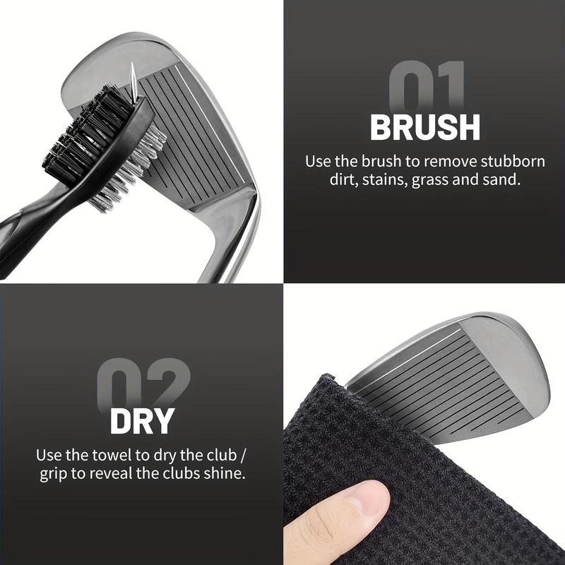 Professional Golf Cleaning Tool Set, 3 Counts set Golf Towel & Club Groove Cleaner Brush & Foldable Divot Repair Tool, 3 in 1 Golf Cleaning Tool Set